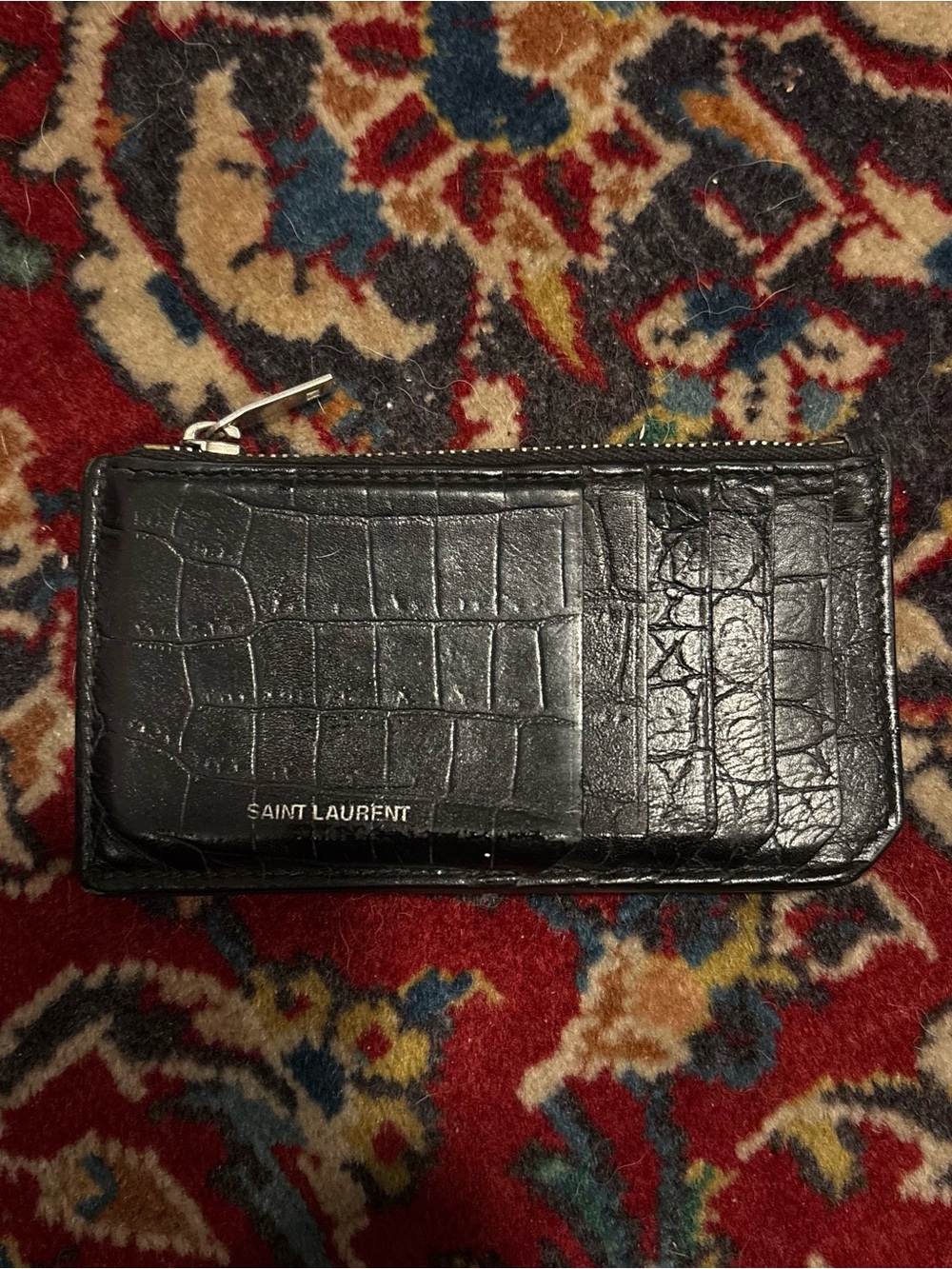 Saint Laurent Black Croc-Embossed Leather Zip Card Wallet